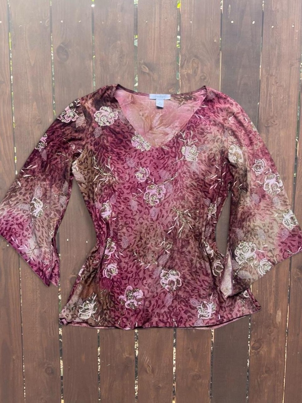 Dressbarn Fairy Floral Cheetah Whimsy Flared 3/4 Sleeve Lightweight Top Sz M